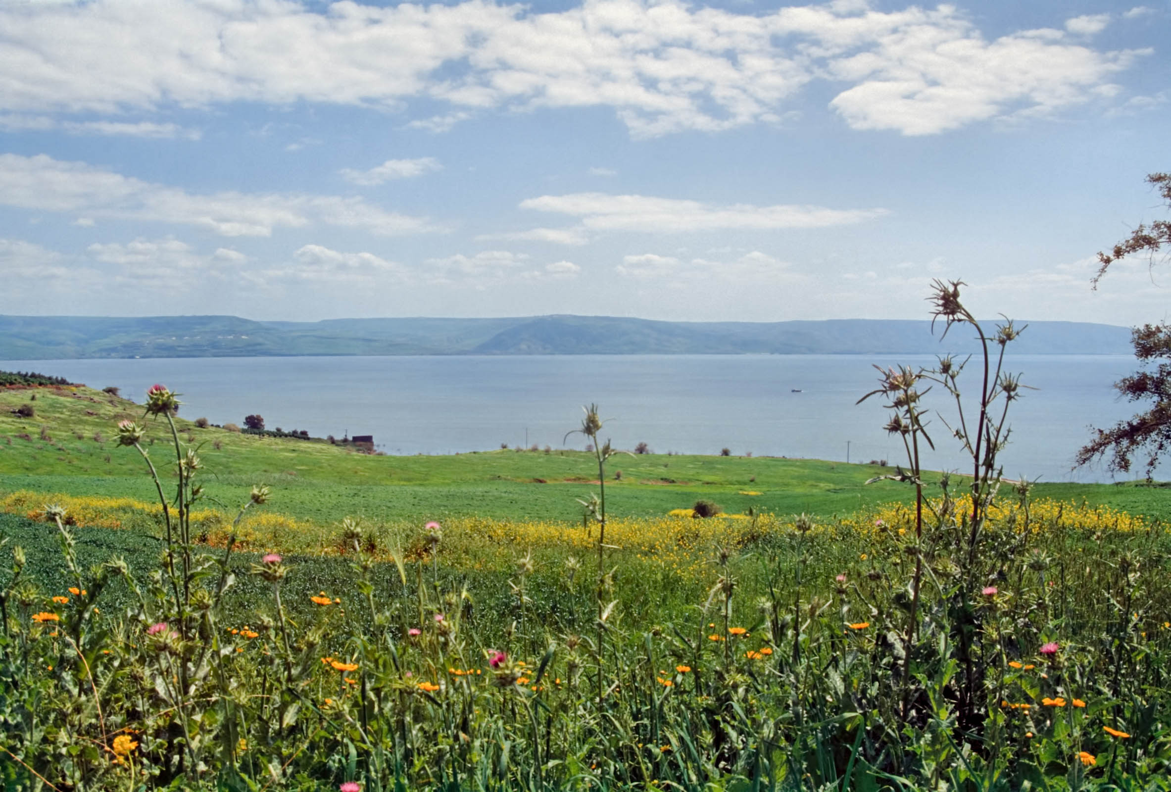 Mount of Beatitudes and Sea of Galilee - suggested location of Yeshua's eight blessings in Matthew 5:3-12. Courtesy of the [Pictorial Library of Bible Lands](https://www.bibleplaces.com)